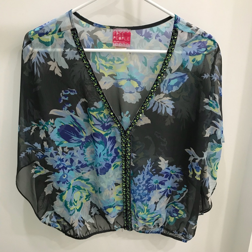Free People Sheer Blue Floral Dolman Top Sz XS